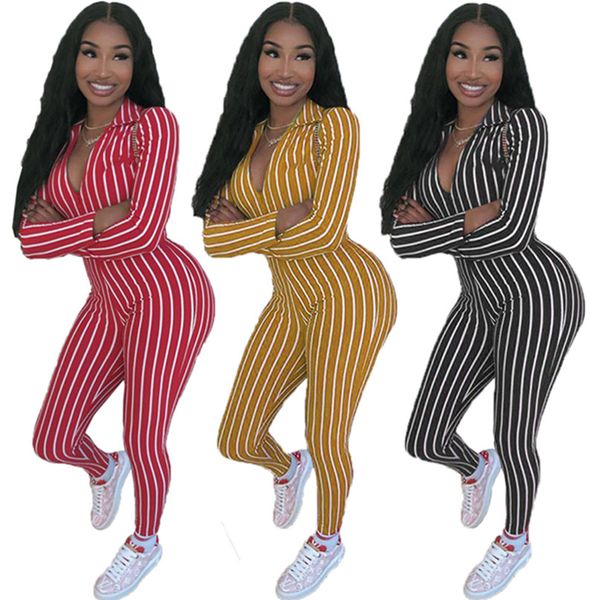 Nueva Otoño Invierno Mujeres monos de manga larga tallas grandes jerseys a rayas traje con cremallera frontal Mamelucos Monos casuales monos flacos leggings de moda 5903