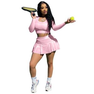 Nouveau automne femmes robe de tennis costumes deux pièces ensemble survêtements en plein air survêtement costume à manches longues sweat haut court + short jupe grande taille tenues vêtements de sport décontractés 5585