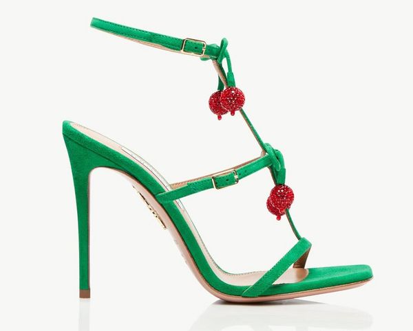 Nuevo famoso AQUAZZURA Cha Crystal Sandalias de tacón alto Fiesta verde Mujer Zapatos de vestir de tacón alto Tacones de aguja mulas Bola de diamante adornado metal Piel de oveja punta abierta