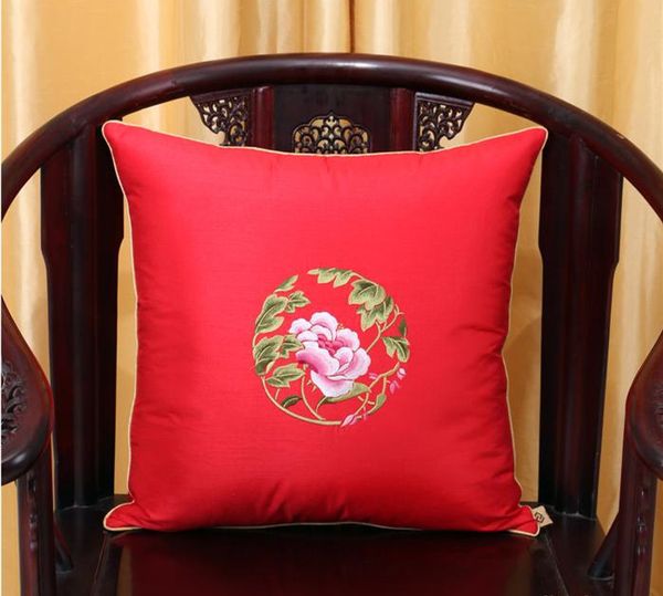 Fine broderie pivoine fleur oreiller housse de coussin coussins de noël décor à la maison canapé chaise lombaire oreiller haut de gamme soie Satin taie d'oreiller