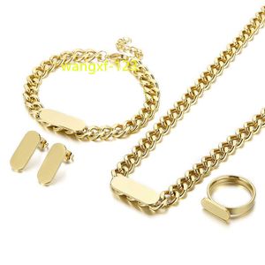 Ensemble de bijoux en acier inoxydable plaqué or 18 carats, chaîne cubaine pour femmes, collier, Bracelet, boucle d'oreille, bague, quatre pièces, nouvelle mode