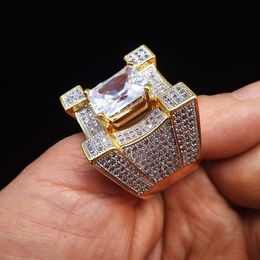 Nueva moda 18K oro princesa corte CZ Cubic Zircon Hip Hop Bling anillos lleno de diamantes helado joyería regalos del día de San Valentín para hombres Wh2550