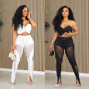 Nouvelle mode 2 pièces Set Women Night Club Sexy Mesh Voir à travers les ensembles de patchwork pour femmes Tenues Brect-haut sans bretelles et pantalon Flare Splate Matching 2pcs sets vêtements