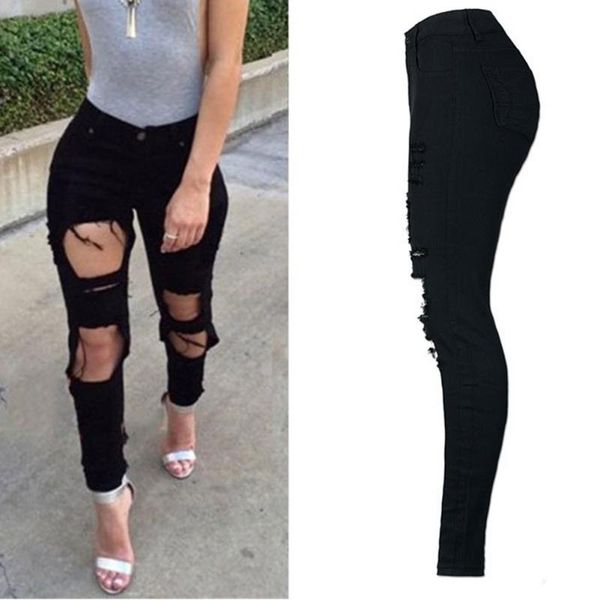 Nueva moda 2018, pantalones vaqueros rasgados de cintura alta negros de algodón elástico para mujer, pantalones pitillo hasta la rodilla con agujero rasgado, Capris ajustados