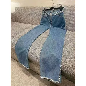 Nouvelle mode 2024 lavage Blue Lignet Chain de jambe Patchwork Denim Pantalon Femmes Haute taille en liberté décontractée Long Jeans Streetwear