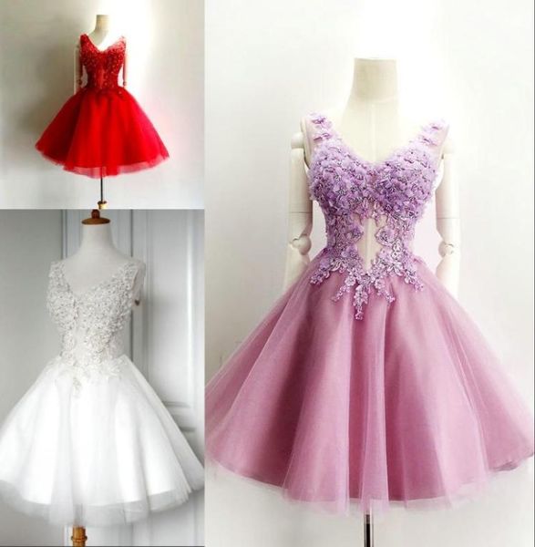 Nouvelle mode 3D fleurs perles robe de retour col en v Tulle robe de bal courte robe formelle robes de remise des diplômes94034782955994