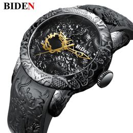 Nueva moda 3D escultura dragón relojes de cuarzo para hombres marca BIDEN reloj de oro hombres exquisito relieve reloj creativo Relogio202f