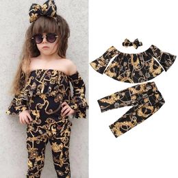 Neue Mode 3Pcs Casual Baby kleidung set Mädchen Off-schulter Tops + Lose Hosen Leggings + Stirnband Sommer kleidung Sets schlaghosen