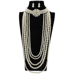 Nouveaux accessoires de mode femmes longs collier de perles avec diamant incrusté de perles collier de fleurs perles boucles d'oreilles longue chaîne de pull