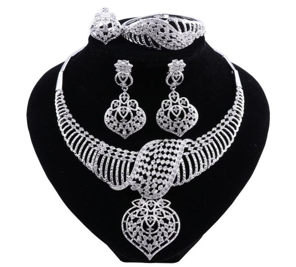 Ensemble de bijoux africains en argent plaqué dubaï, ensemble de boucles d'oreilles et collier de mariée en cristal, bijoux de mariage indien, nouvelle mode, 8533476