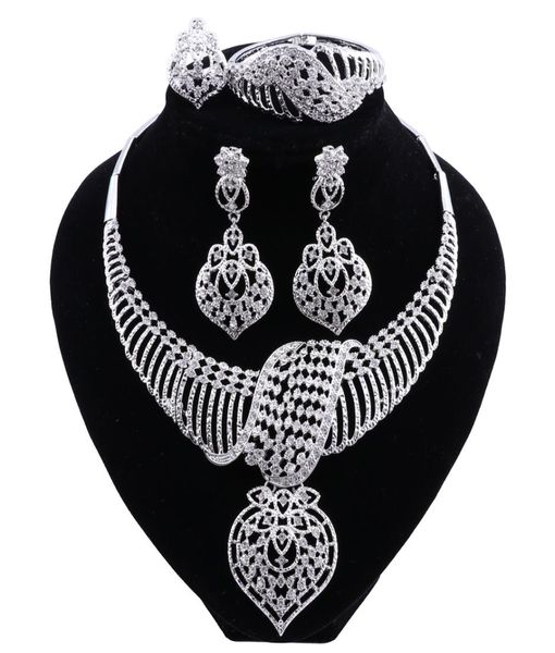 Ensemble de bijoux africains en argent plaqué dubaï, ensemble de boucles d'oreilles et collier de mariée en cristal, bijoux de mariage indien, nouvelle mode, 3645121