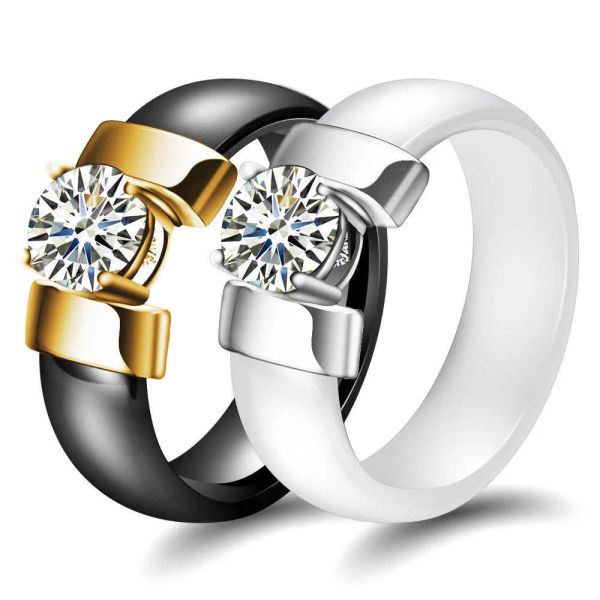 New Fashion Age Jewelry Designer Band Rings 6mm Céramique Personnalisé Minimaliste Noir Blanc Zirconium Incrusté Couple Bague Tendance et à la mode