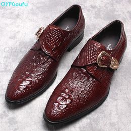 Chaussures formelles à motif d'alligator pour hommes, chaussures formelles à sangle de moine unique, à bout pointu, respirantes, pour marié, mariage, nouvelle mode