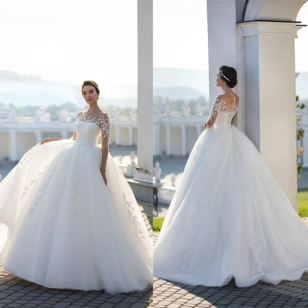 Nouvelle mode robe de bal robes de mariée bijou cou à manches longues dentelle appliques robes de mariée balayage train robe de mariée robes de mariée robe