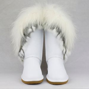 Nieuwe mode grote natuurlijke bont snowboots echte koe lederen vrouwen hoge laarzen winter lange laarzen konijnenbont kwasten antislip schoenen
