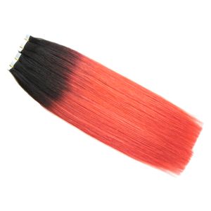 Nueva moda Extensiones de cabello de color negro y rojo Cinta de trama de piel en extensiones de cabello humano Ombre Virgin Brazilian Straight Remy Tape In Hair