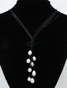Nieuwe mode zwarte lederen touw witte zoetwaterparels ketting 20 '' lang