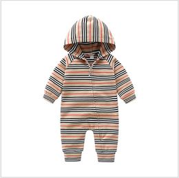 Nieuwe Mode Jongens Meisjes Gestreepte Rompertjes Baby Lente Herfst Lange Mouw Jumpsuits Kids Katoenen Rits Hooded Onesies Baby Romper