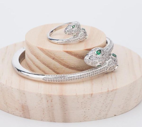 Nouvelle marque de mode ensembles de bijoux dame en laiton plein diamant yeux verts doubles têtes serpent bracelets en or 18 carats ensembles de bagues (1 ensembles) 3323075