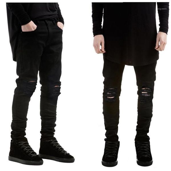 Nouvelle marque de mode hommes jean noir maigre déchiré Stretch mince ouest hip hop swag denim moto biker pantalon Jogger1229B