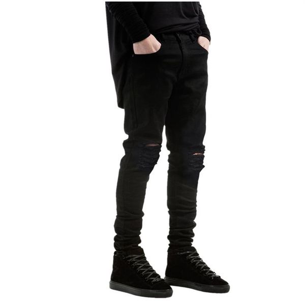 Nouvelle marque de mode hommes jean noir maigre déchiré Stretch mince hip hop swag denim moto biker pantalon Jogger202Y