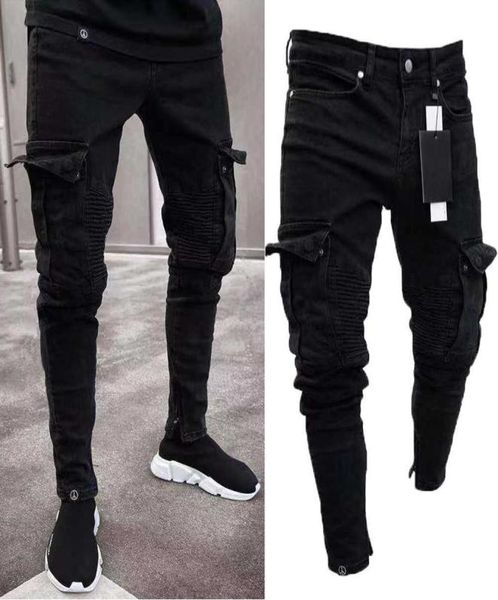 Nouvelle marque de mode hommes jean Cargo maigre pantalon Long Denim Combat Biker poche Stretch pantalon de travail noir hommes jeans X06216798069