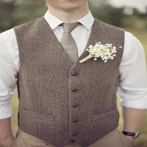 Nieuwe mode bruine tweed vesten wollen visgraat Britse stijl heren in waiscoat kleermaker slanke fit vesten trouwkleding voor mannen no01299c