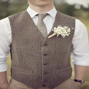 Nieuwe mode Bruin tweed Vesten Wol Visgraat Britse stijl Heren Vest tailor slim fit Vesten trouwkleding voor mannen NO01284S