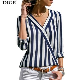 Fashion Casual Tops Blouse et dames gestreepte blouse shirt lange mouw blouse vneck shirts chemisier femme blusas mujer 210401