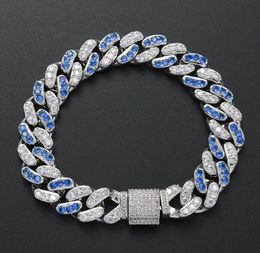 Nouveau charme de mode Bling glacé bleu cristal CZ Bracelet argent Zircon Hiphop bijoux 12mm chaîne à maillons cubains Bracelets pour femme M1414861