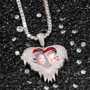 Nieuwe Mode Charm Hip Hop Sieraden Iced Out Love Shape Flip Custom Photo Hanger Persoonlijkheid Creativiteit DIY Halsband met touwketting