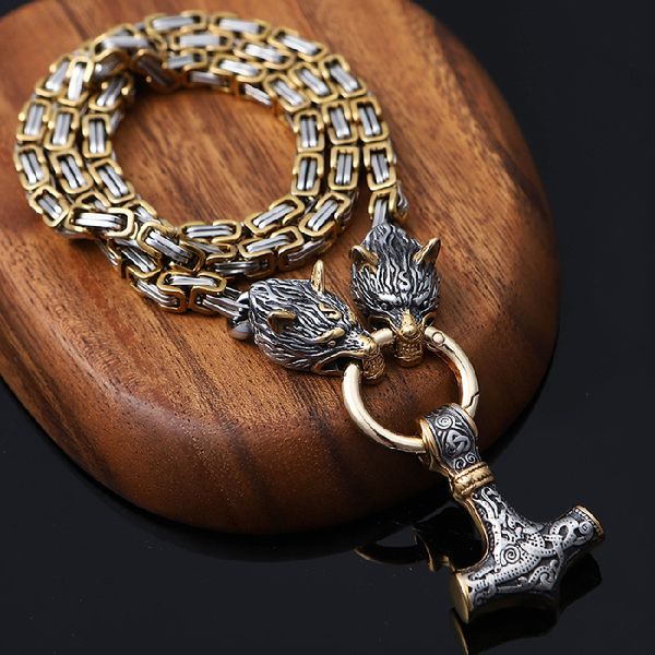 Nouveaux charmes de mode Bling Double loup colliers hommes en acier inoxydable Vegvisir amulette marteau pendentif runes nordiques Punk Biker bijoux cadeaux