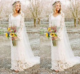 Nieuwe mode goedkope eenvoudige romantische landelijke stijl boho full lace trouwjurken v-hals lange mouwen vloer lengte bruidsjurk trouwjurk