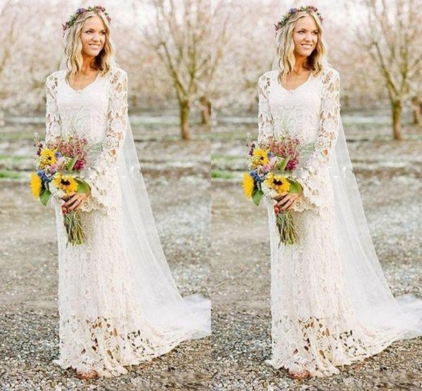 Nueva moda Barato Simple Romántico Estilo rural Boho Vestidos de novia de encaje completo Cuello en V Manga larga Hasta el suelo Vestido de novia Vestido de novia