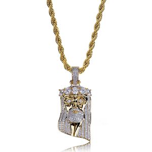 Nouveau Cuivre Or Couleur Plaqué Glacé Jésus Visage Pendentif Collier Micro Pave CZ Pierre Hip Hop Bling Bijoux