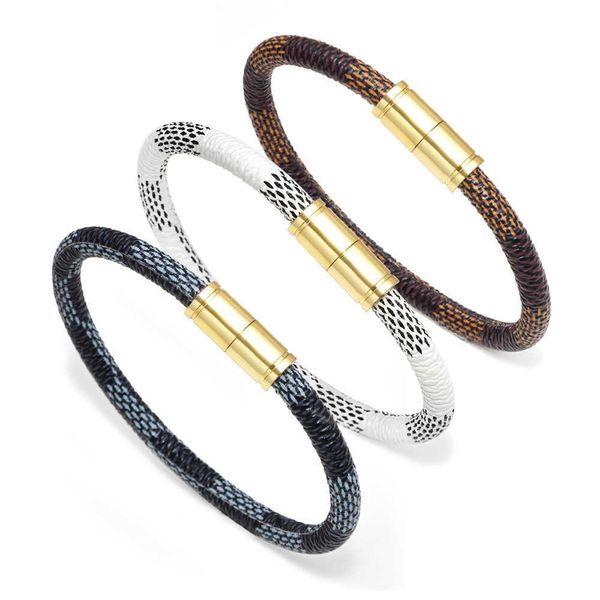 Bracelet à rayures en cuir de vache, nouvelle mode, pour hommes et femmes, Bracelet de Couple en alliage à boucle magnétique