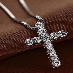 Nieuwe mode Cross Necklace Accessoire Ture 925 Sterling Silver Women Crystal CZ Hangers ketting sieraden254a