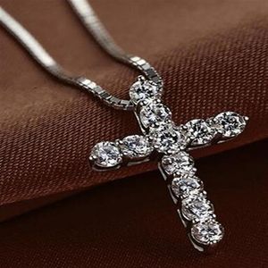 Nieuwe Mode Kruis Ketting Accessoire Tuur 925 Sterling Zilveren Vrouwen Crystal CZ Hangers Ketting Jewelry242u