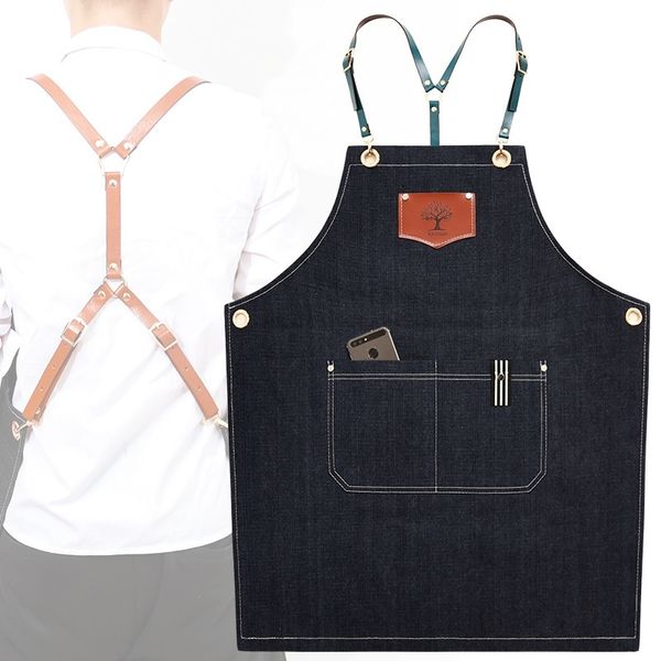 Nouveaux tabliers en denim de mode Tablier Cortex pour la cuisine unisexe Travail delantal barman chasuble cadeau de poche pour homme blouses Y200103