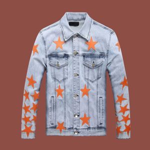 Nieuwe modeontwerper denim bikerjack heren lederen patches applique stretch slim fit jeanskleding