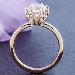 Nieuwe mode diamanten kroon ring vrouwelijke modellen plated 14k rose gouden bloem klauwen set zirkoon bruiloft ring280s