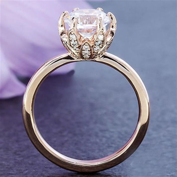 Bague couronne en diamant pour femmes, nouvelle mode, plaqué or rose 14 carats, ensemble de griffes de fleurs, zircon, anneau de mariage 2715