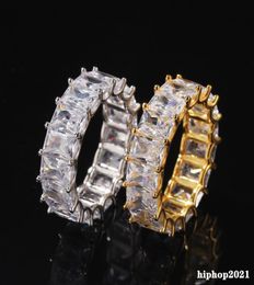 New Fashion Diamond Iced Out Ring avec des pierres carrées CZ complètes 18K plaqué or S925 Silver Mens Gift Hip Hop Jewelry8734719