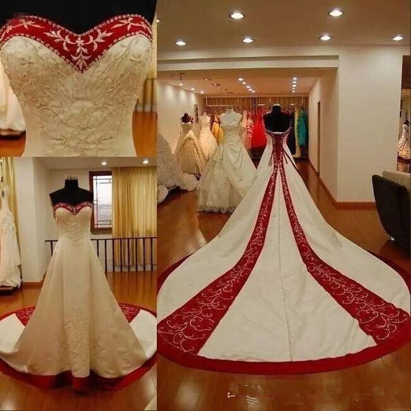 Nueva moda vestidos de novia bordados de talla grande cariño tradicional rojo y blanco con cordones vestidos de novia Vintage por encargo