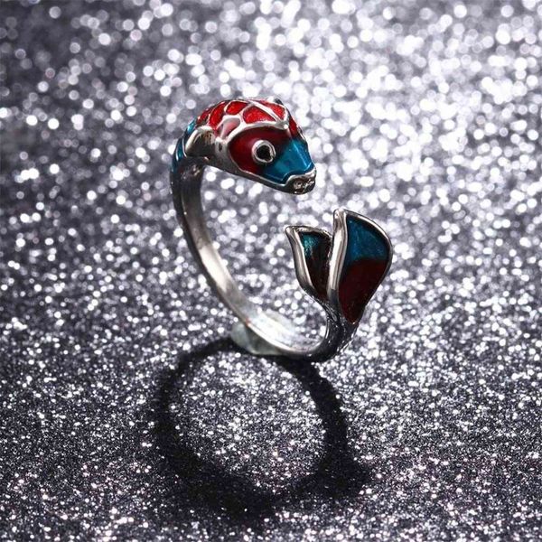 Nouveau mode émail poisson attirer bonne chance anneaux d'ouverture élégant goutte à goutte huile bague pour les femmes fête bijoux charme cadeau G1125