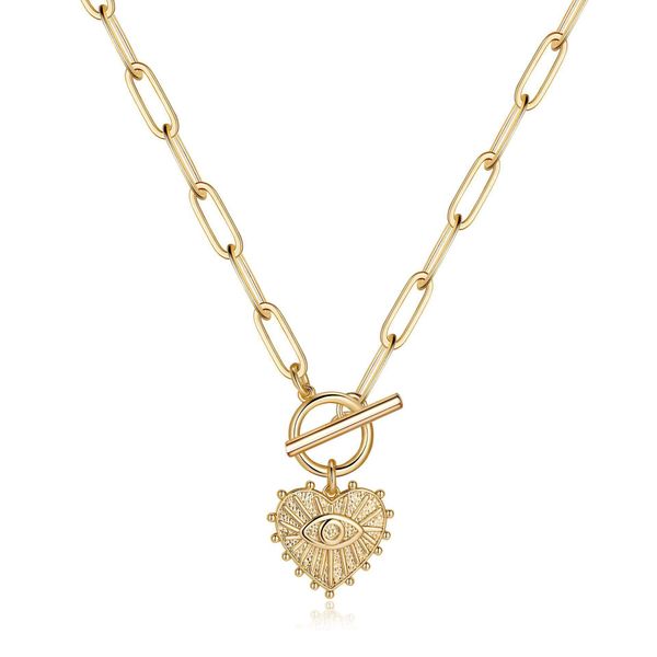 Nueva moda étnica Real 14K chapado en oro forma de corazón collar de ojo OT hebilla corazón collar de mal de ojo para mujeres regalos