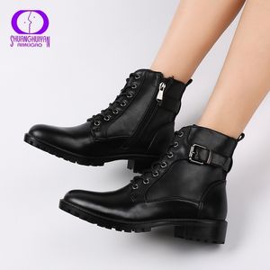 Nieuwe mode Europese stijl Zwarte enkellaarzen Flats Round Toe Black Zip Boots PU Lederen vrouw schoenen met warme pluche Y200114