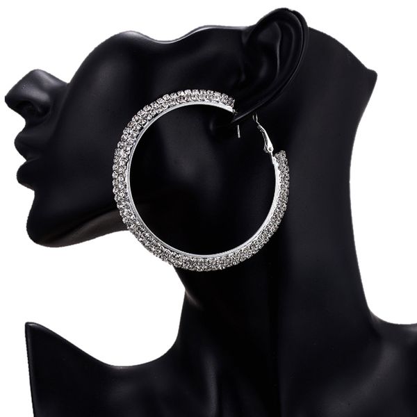 Pendiente de aro grande de diamantes de imitación de cristal de lujo clásico gran círculo Huggies pendientes de moda chapados en plata para joyería de mujer