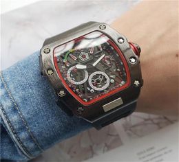 New Fashion Fullfunction Menswear Quartz Watchs Personalité Personnalité Forme de baril Squelette Regarder Black Silicone Watch Sangle 1137954