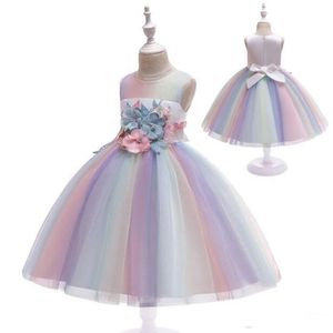 Nieuwe Mode Meisjes Jurk Kant Bloemen Regenboog Baby Meisje Trouwjurk Party Jurken Kinderkleding